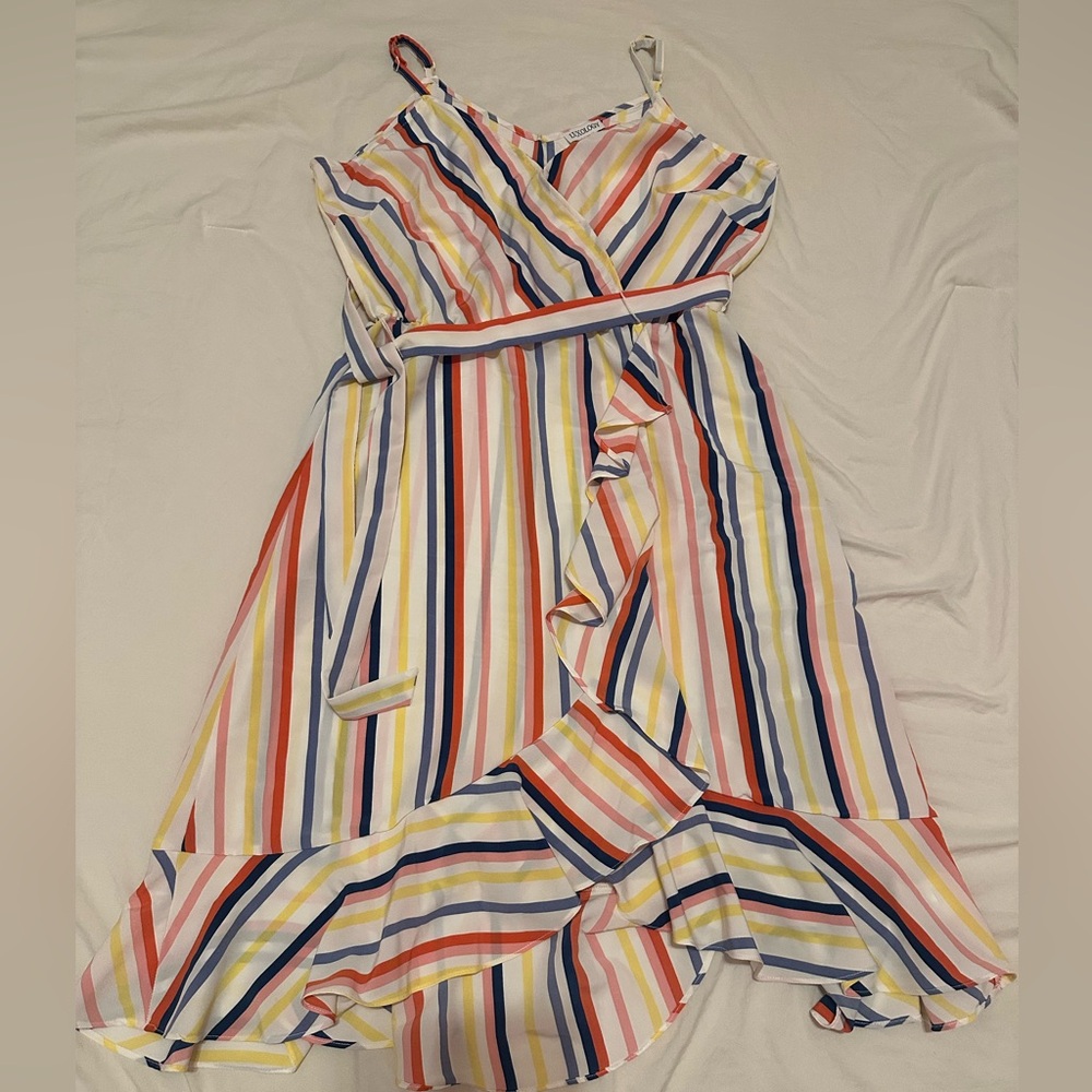 Luxology Colorful Striped Dress: Ruffle bottom spaghetti strap top